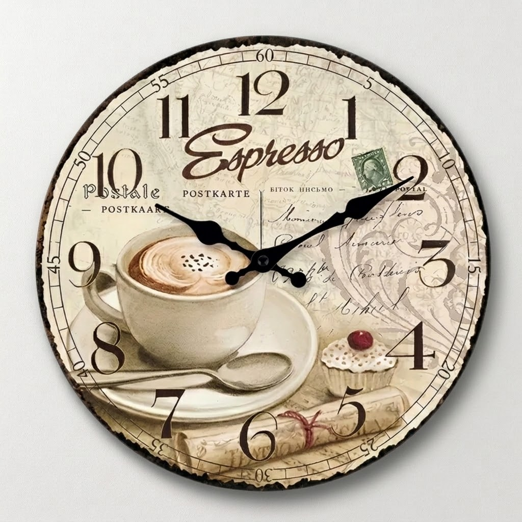 Horloge murale en bois style rétro européen en forme de tasse à café
