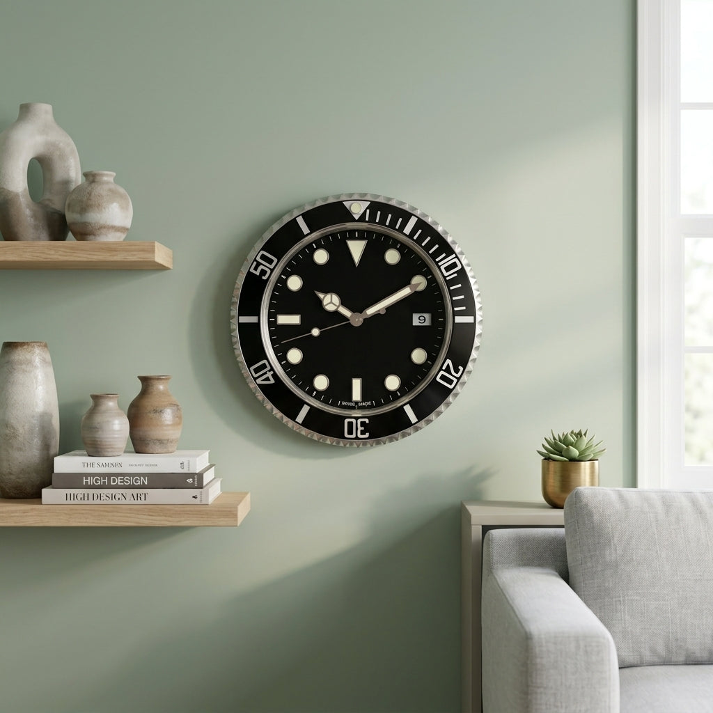 Horloge Murale Ronde en Métal Noir Lumineuse Style Montre