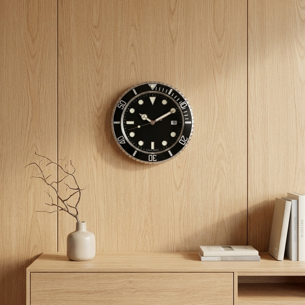 Horloge Murale Ronde en Métal Noir Lumineuse Style Montre