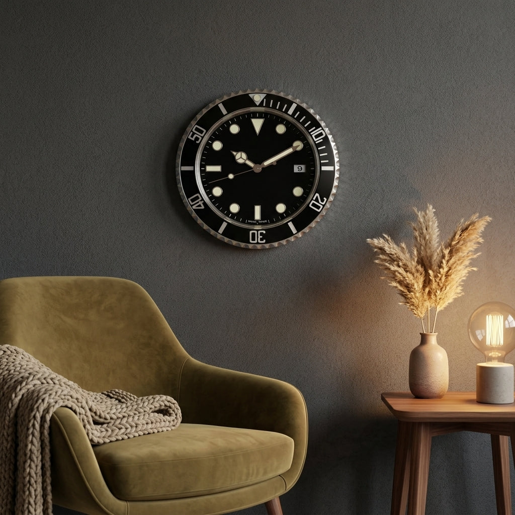 Horloge Murale Ronde en Métal Noir Lumineuse Style Montre