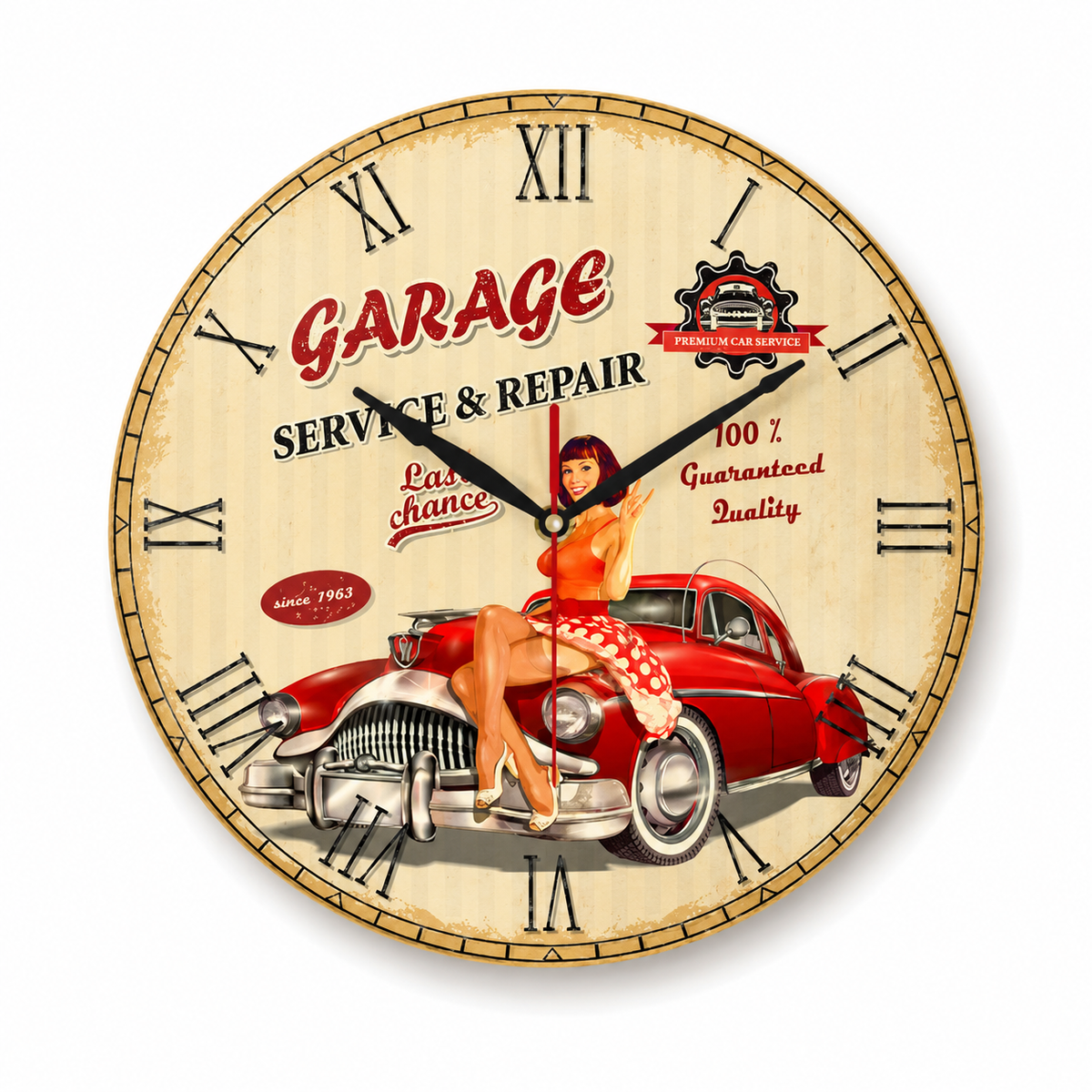 Horloge Murale Rétro Acrylique Motif Garage Américain