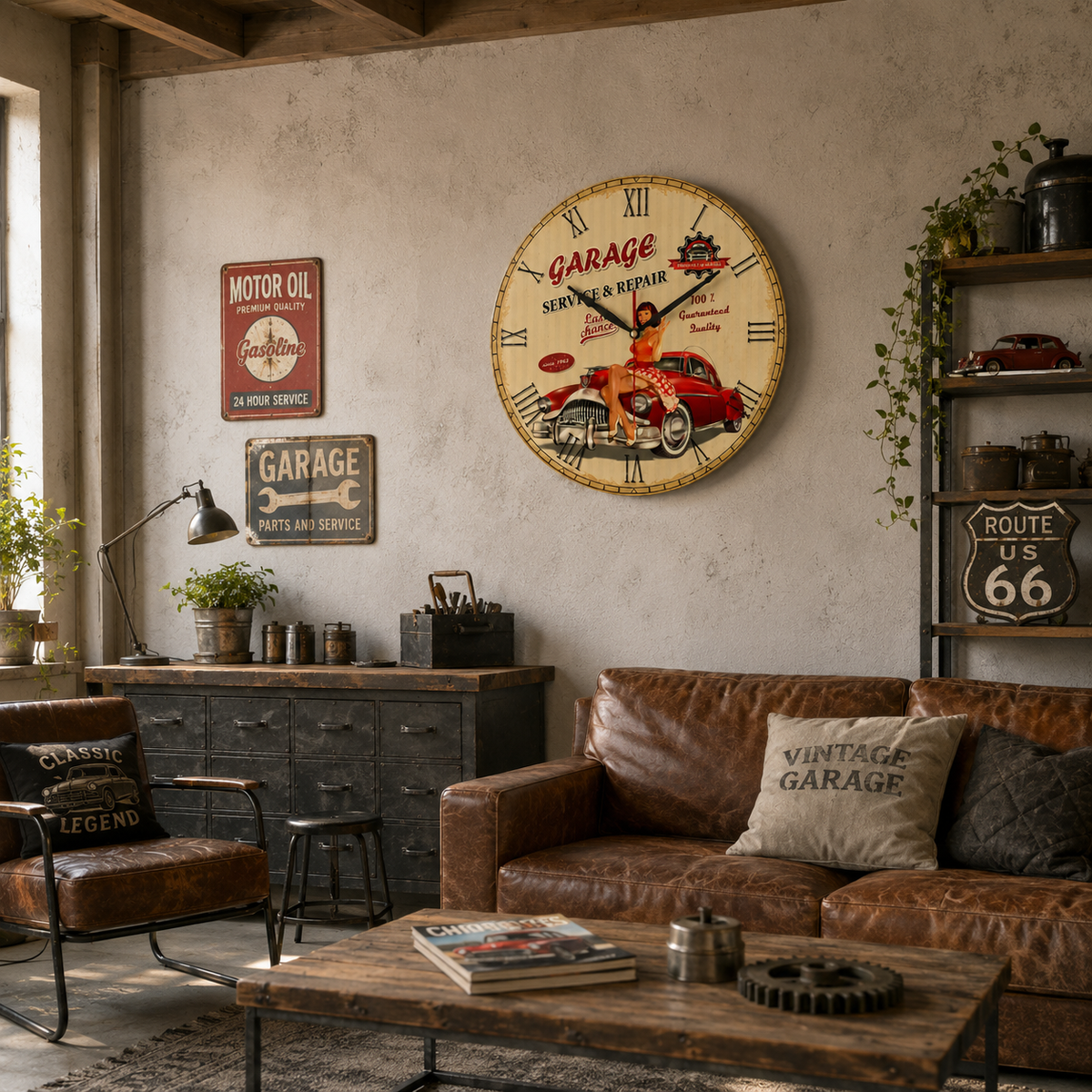 Horloge Murale Rétro Acrylique Motif Garage Américain
