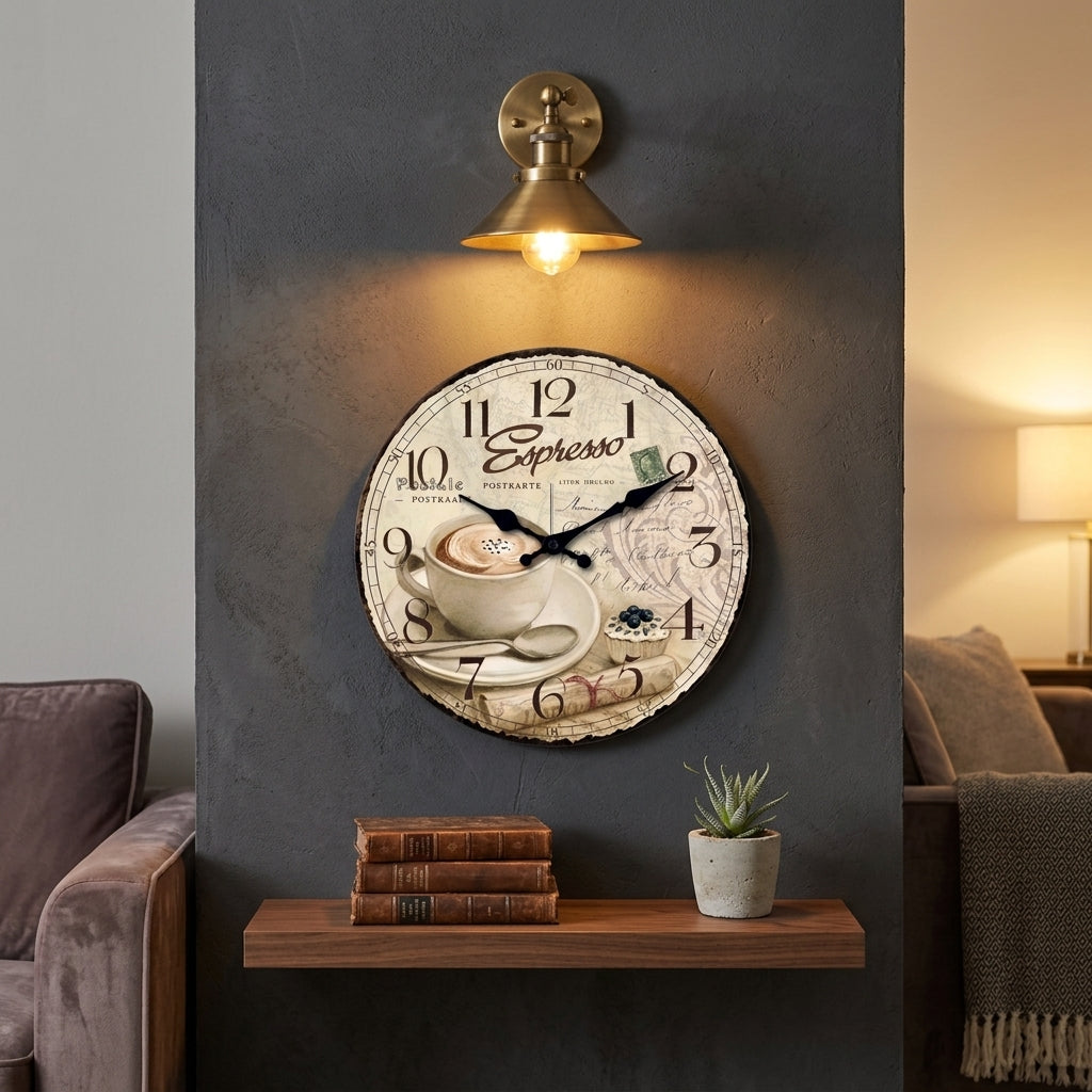 Horloge murale en bois style rétro européen en forme de tasse à café