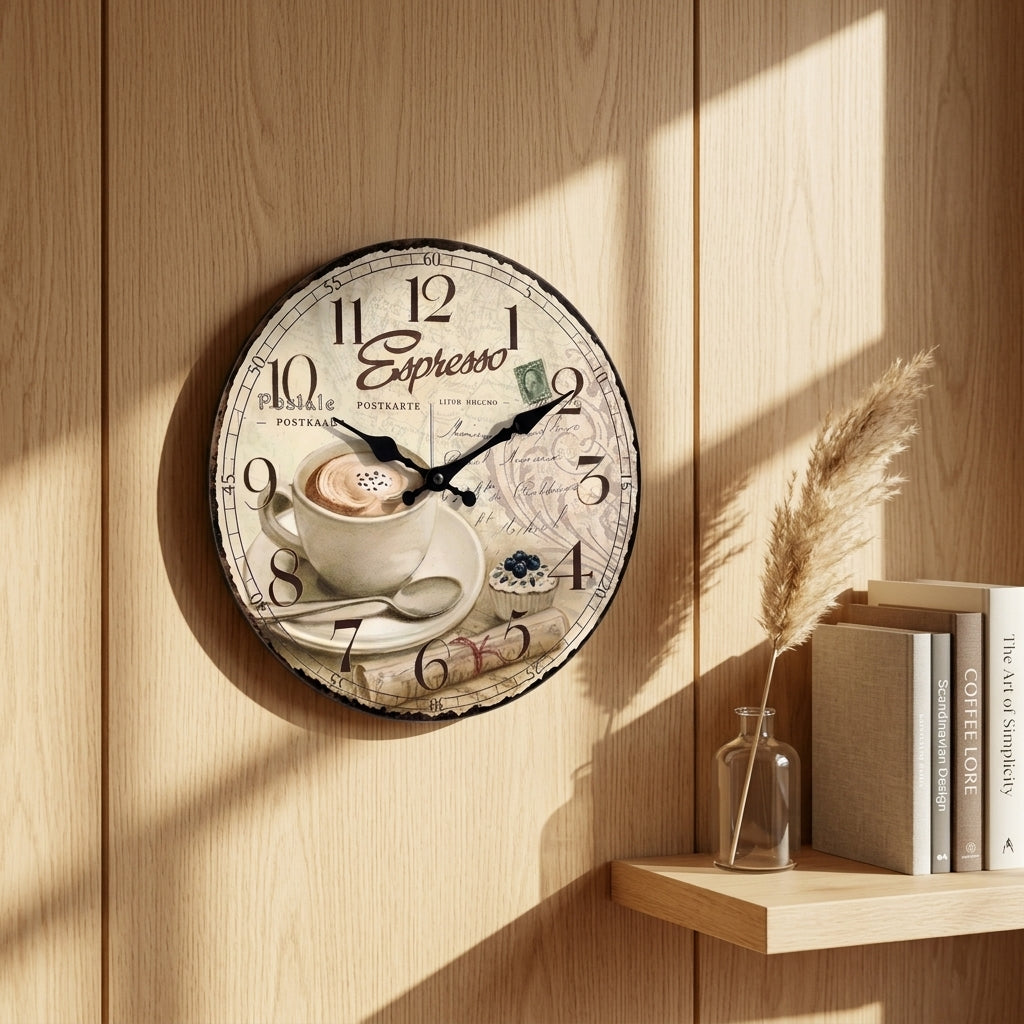 Horloge murale en bois style rétro européen en forme de tasse à café