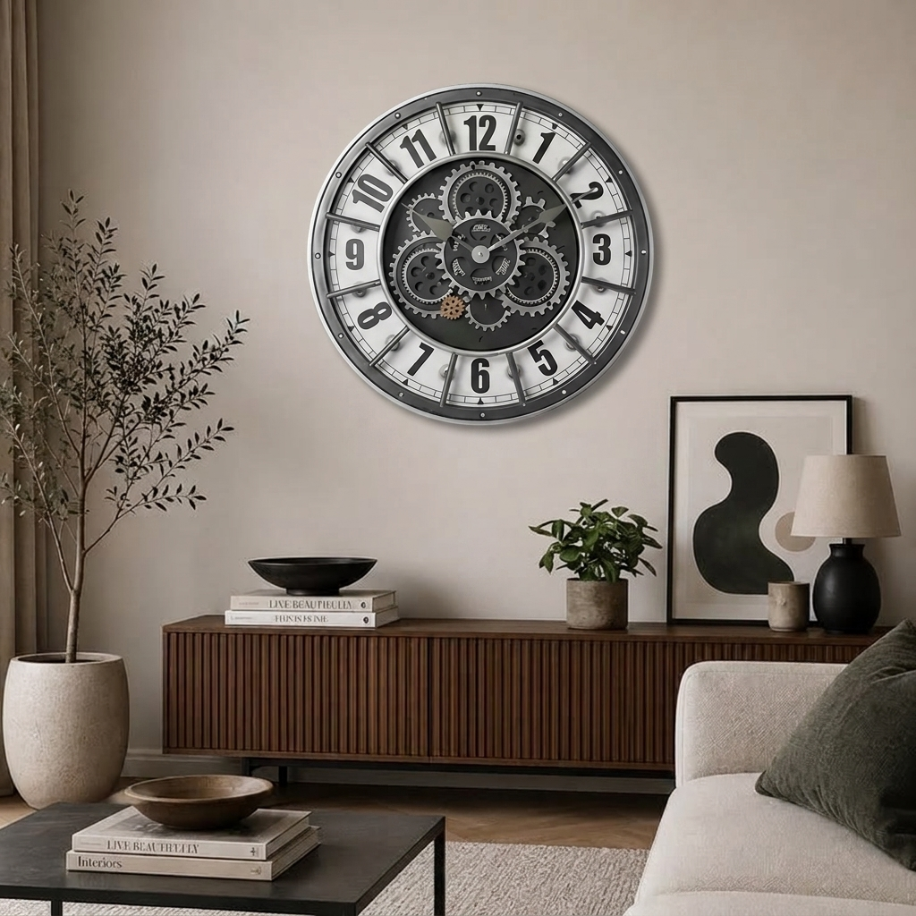 Grande Horloge Murale Rétro avec Engrenages Mobiles Silencieux