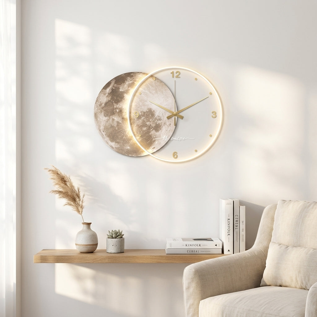 Grande Horloge Murale Lune Lumineuse LED