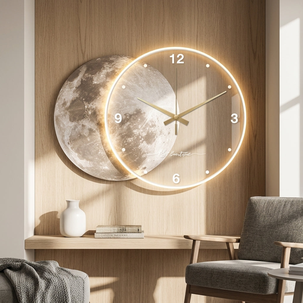 Grande Horloge Murale Lune Lumineuse LED