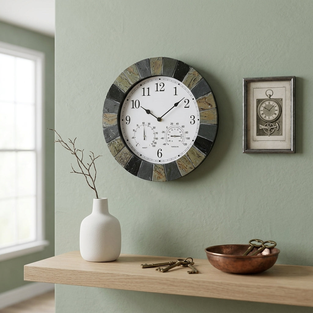 Horloge Murale Extérieure et Intérieure Effet Ardoise Rustique 35.5 cm