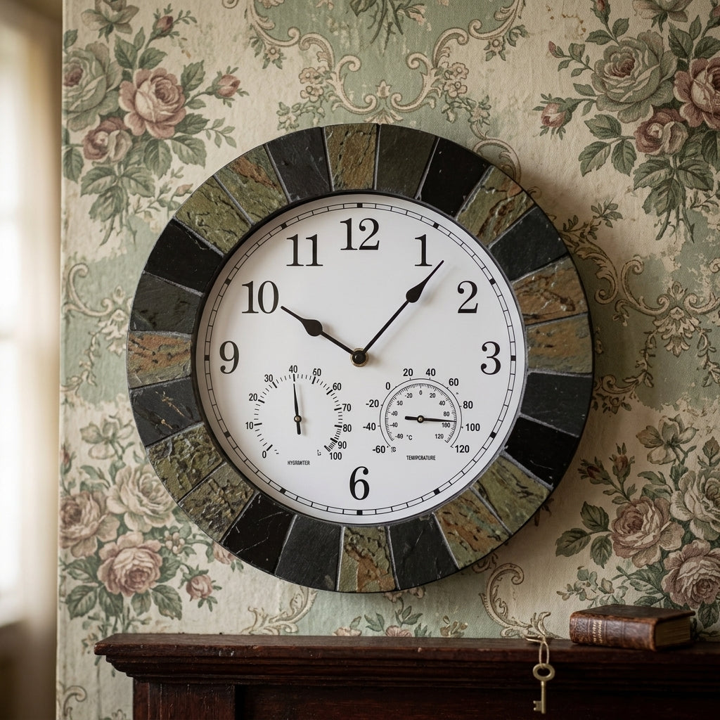Horloge Murale Extérieure et Intérieure Effet Ardoise Rustique 35.5 cm