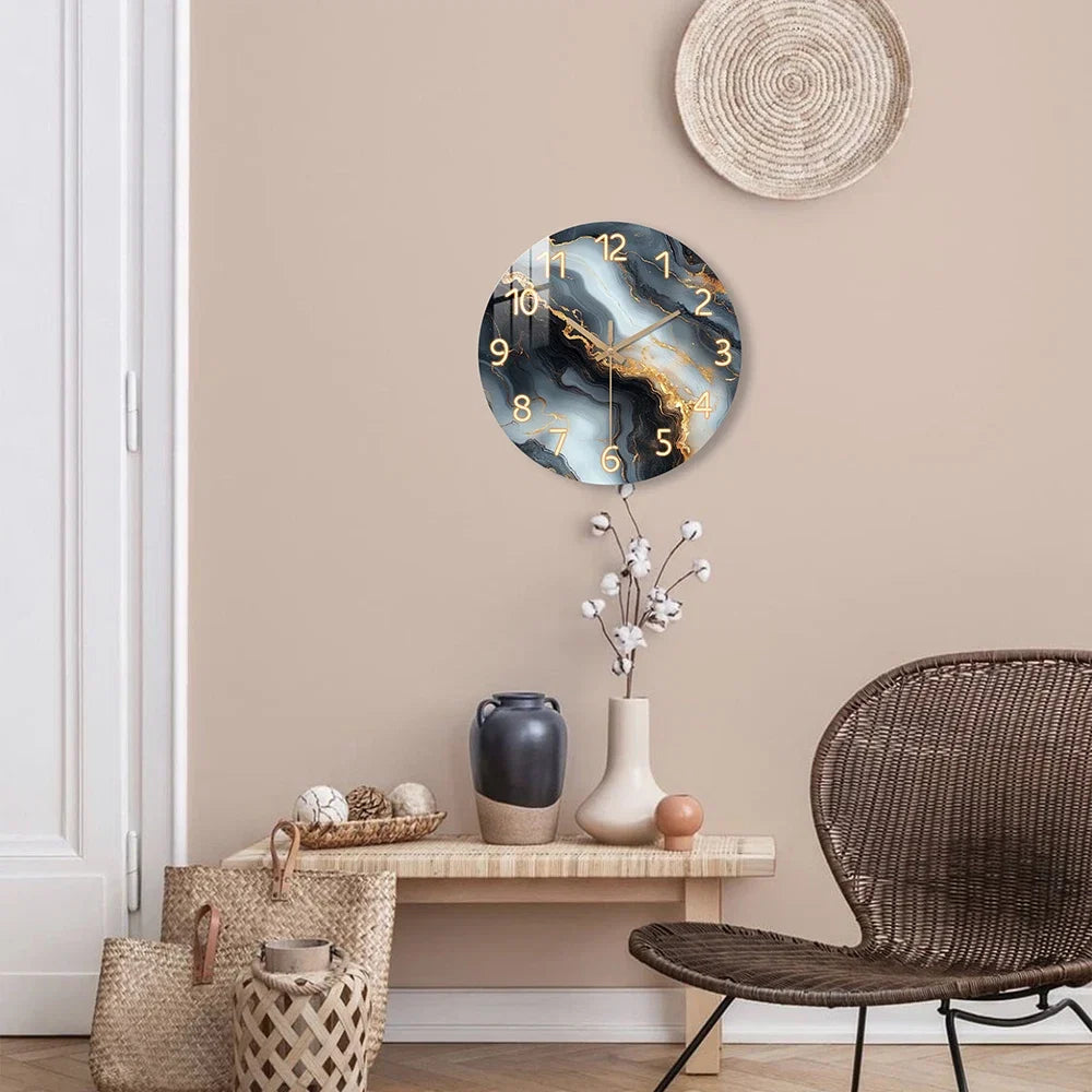 Horloge Murale Ronde Effet Marbre Bleu et Or en Bois Silencieuse