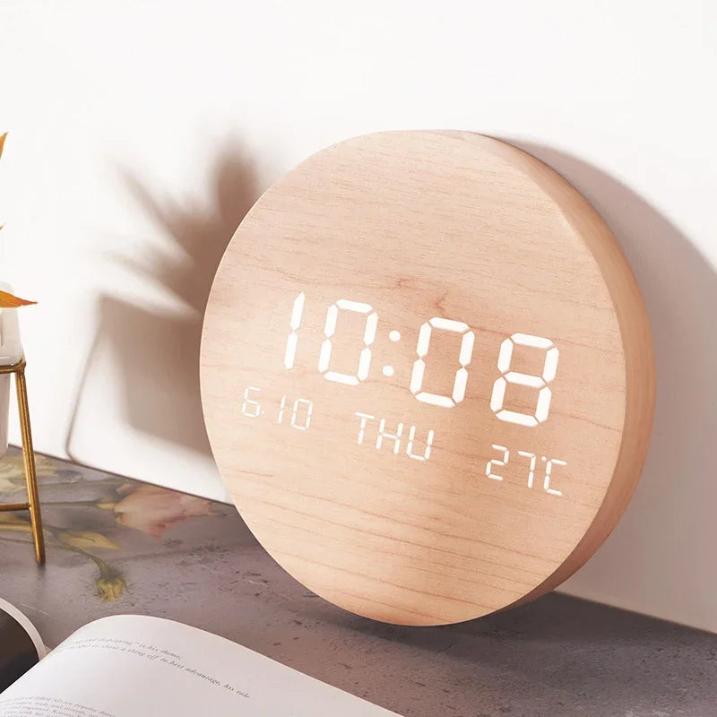 Horloge Murale Digitale Moderne en Bois LED avec Température