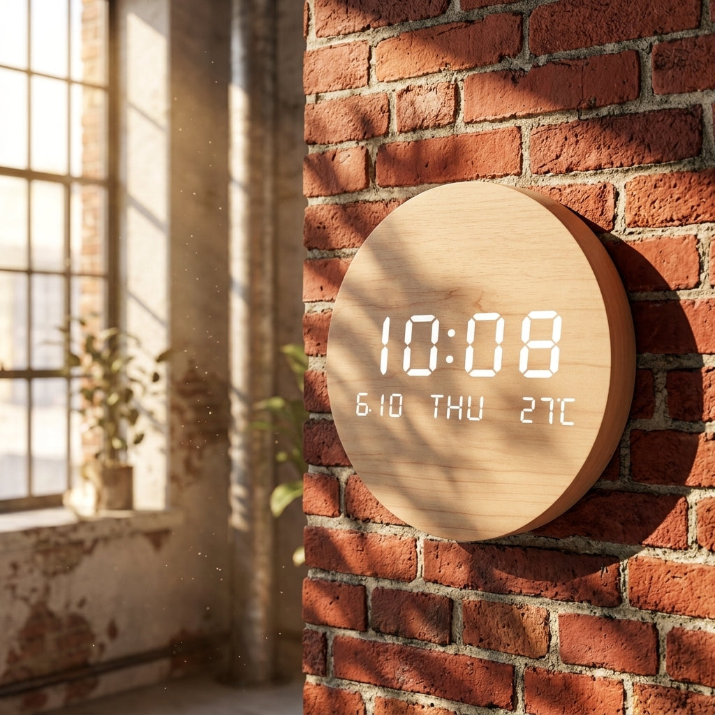 Horloge Murale Digitale Moderne en Bois LED avec Température