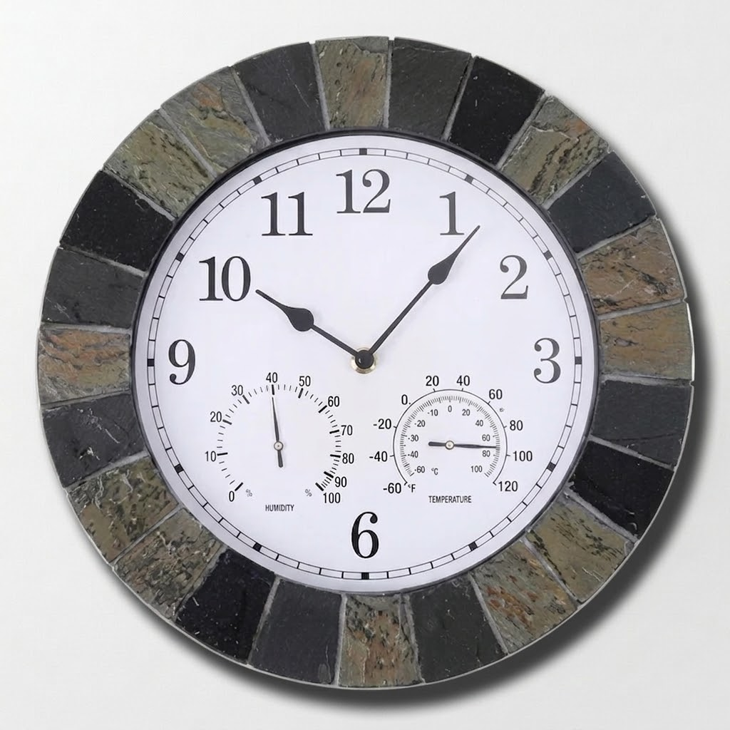 Horloge Murale Extérieure et Intérieure Effet Ardoise Rustique 35.5 cm