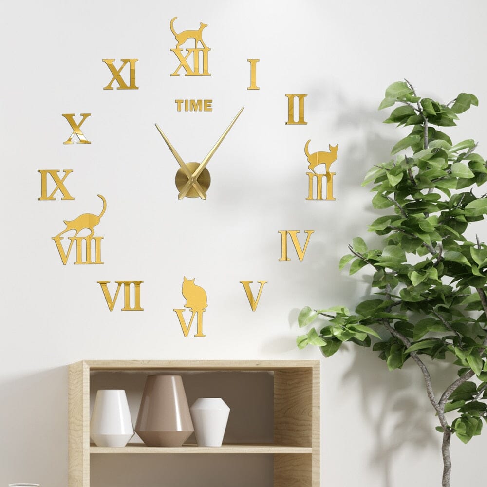 Grande Horloge Murale 3D Chat Effet Miroir Ajustable