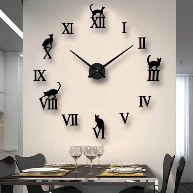 Grande Horloge Murale 3D Chat Effet Miroir Ajustable