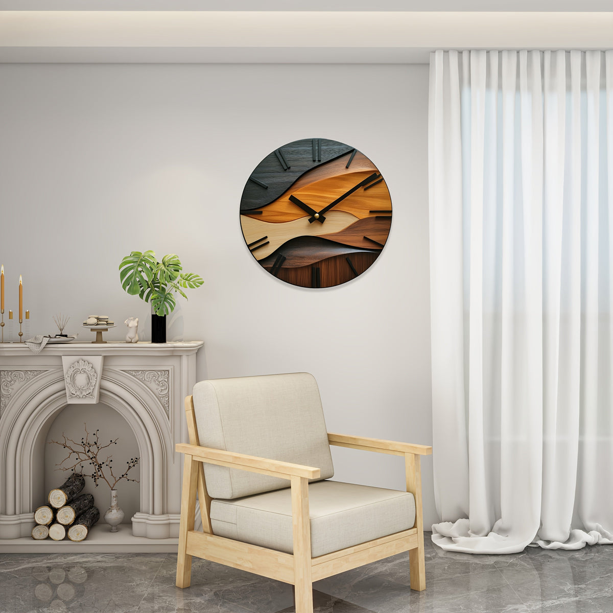 Horloge Murale Ronde Artistique Effet Grain de Bois Style Nordique