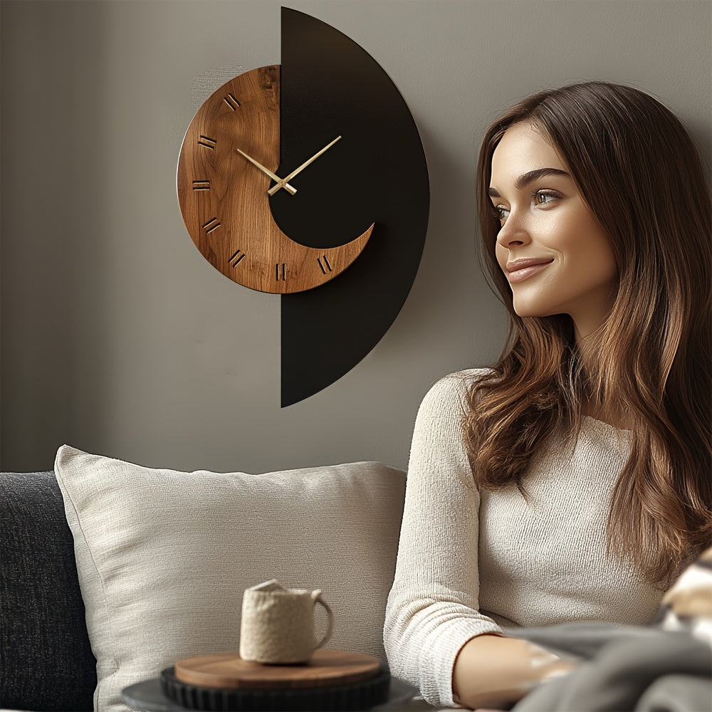 Horloge Murale Moderne Demi-Lune Bois Silencieuse