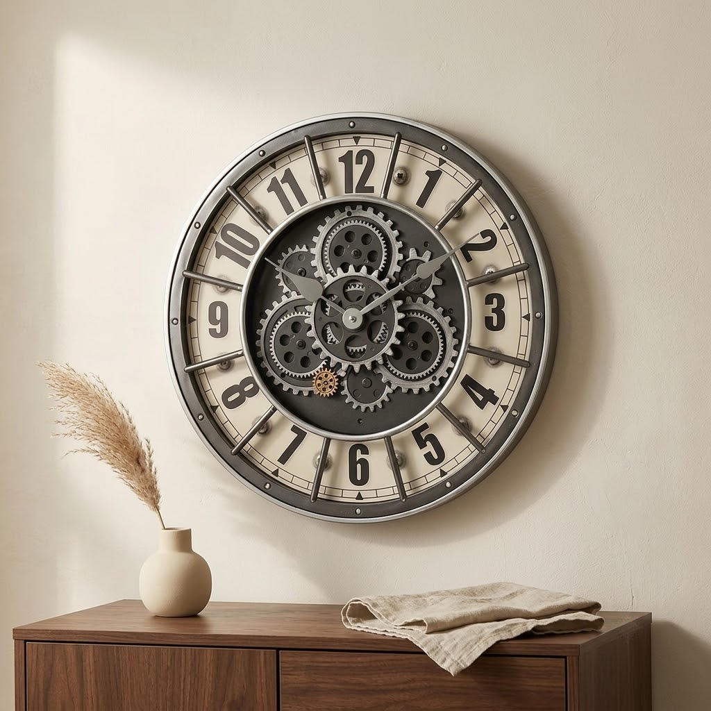 Grande Horloge Murale Rétro avec Engrenages Mobiles Silencieux