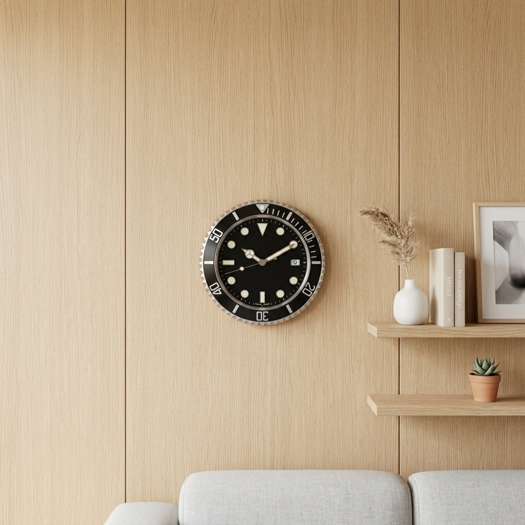Horloge Murale Ronde en Métal Noir Lumineuse Style Montre