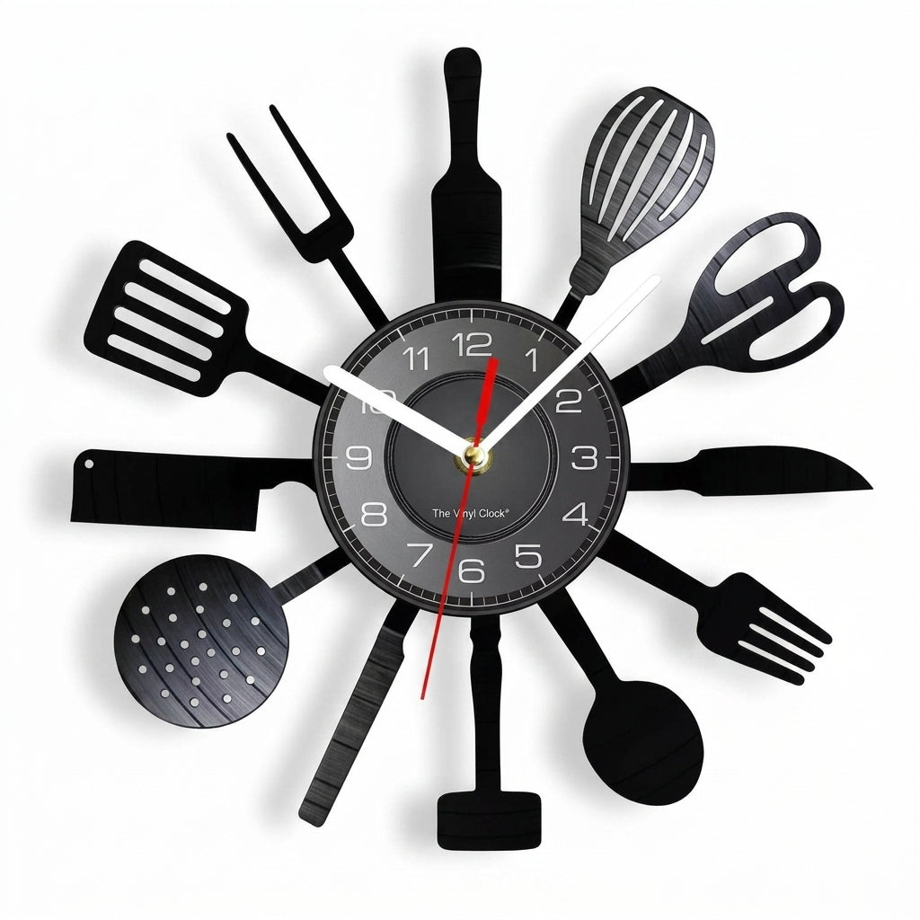 Horloge Murale Vintage en Disque Vinyle Ustensiles de Cuisine 30 cm