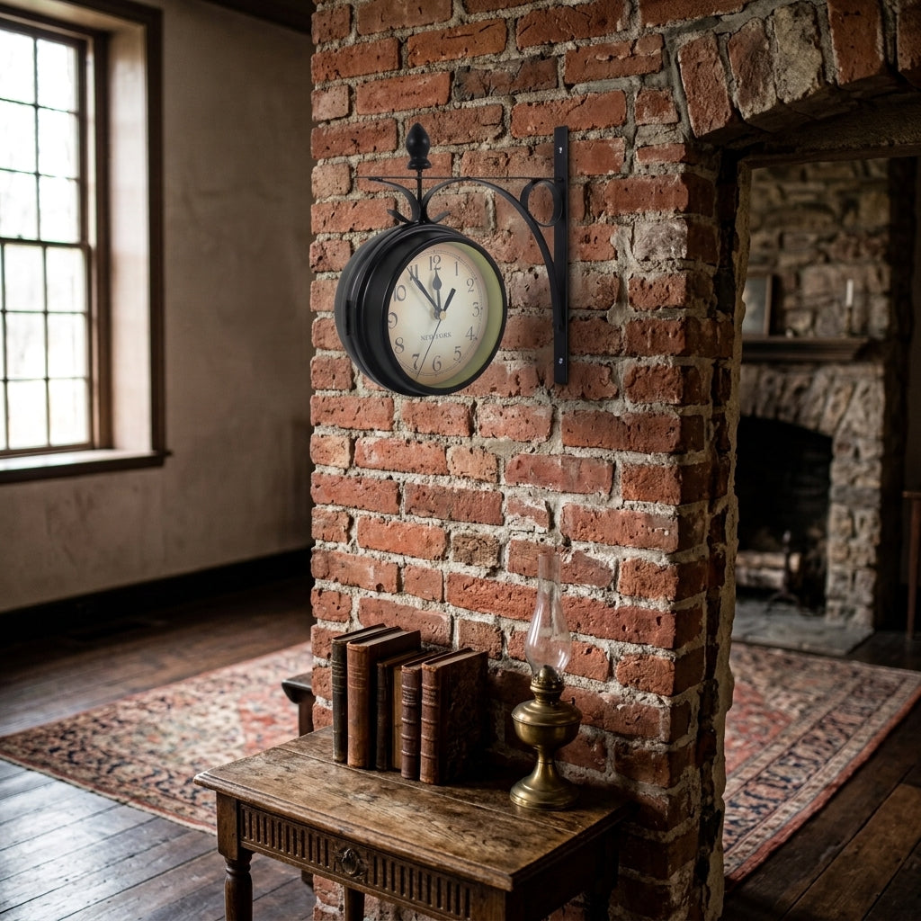 Horloge Murale de Gare Double Face Rétro Antique en Métal