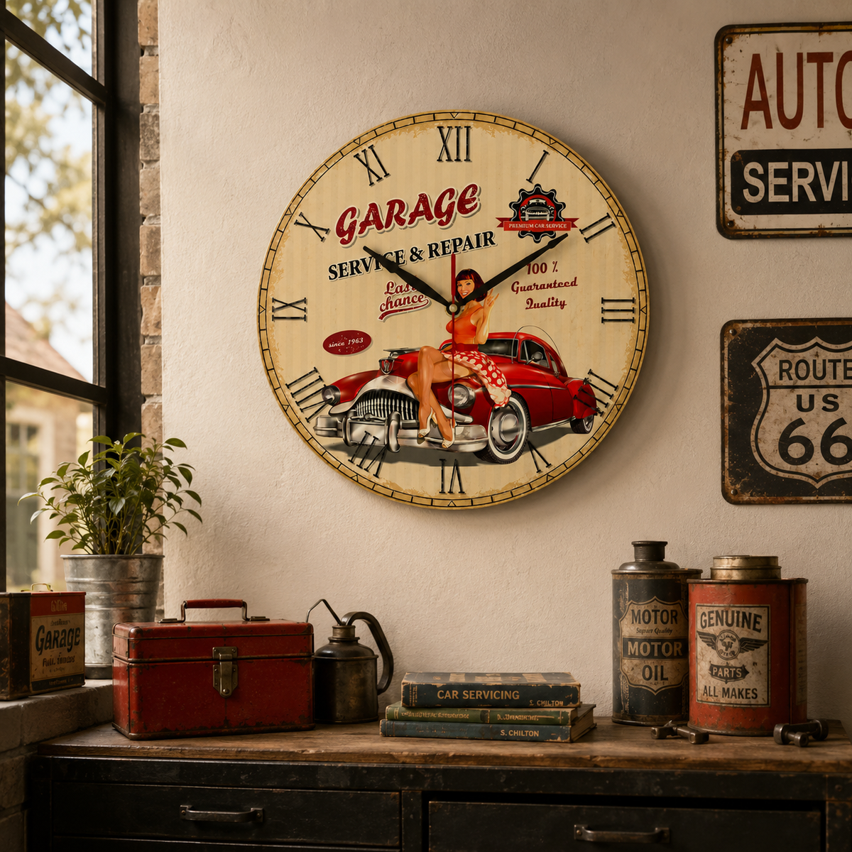 Horloge Murale Rétro Acrylique Motif Garage Américain