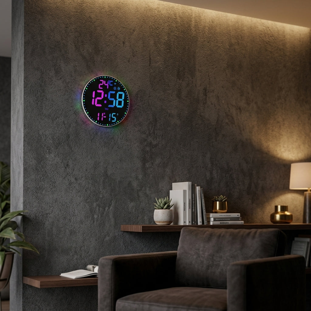 Horloge Murale Digitale LED Connectée WiFi avec Météo et Éclairage RGB