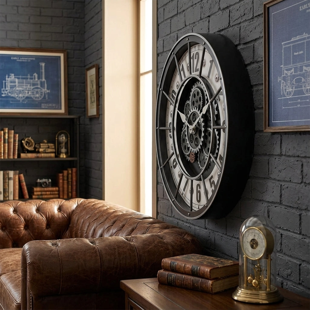 Grande Horloge Murale Rétro avec Engrenages Mobiles Silencieux