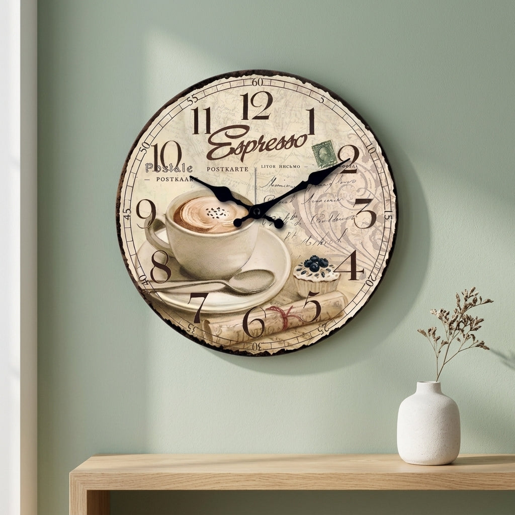 Horloge murale en bois style rétro européen en forme de tasse à café