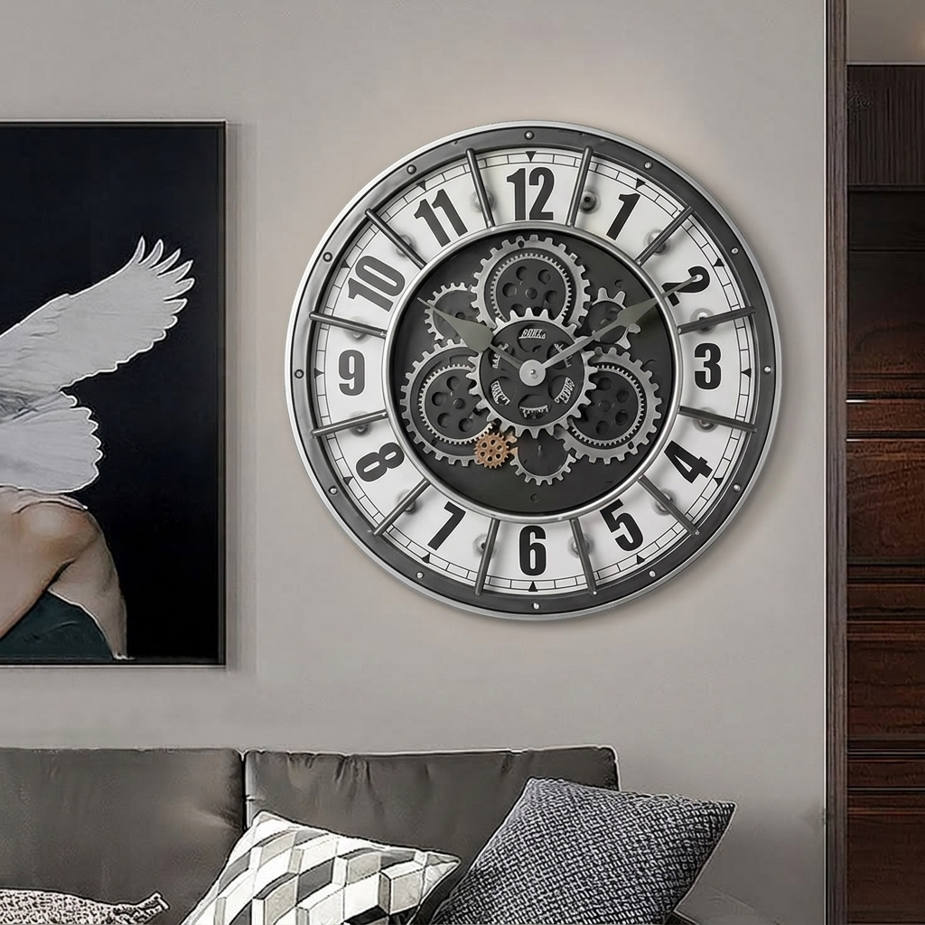 Grande Horloge Murale Rétro avec Engrenages Mobiles Silencieux