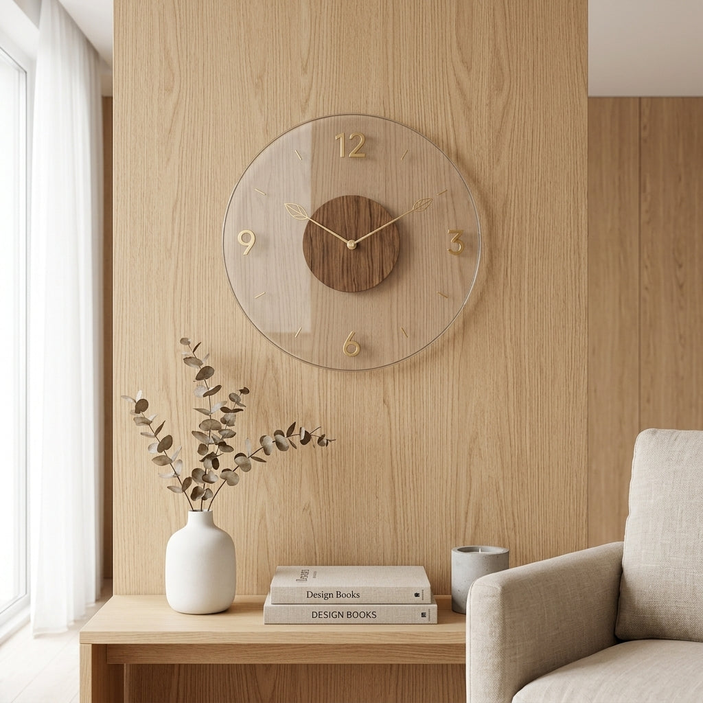 Horloge Murale Minimaliste Nordique en Acrylique Transparent et Bois