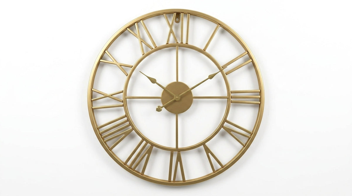 Grande Horloge Murale Nordique en Métal Doré Rétro à Chiffres Romains