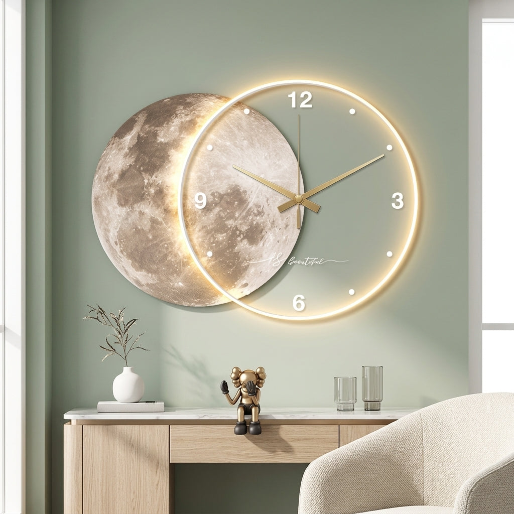 Grande Horloge Murale Lune Lumineuse LED