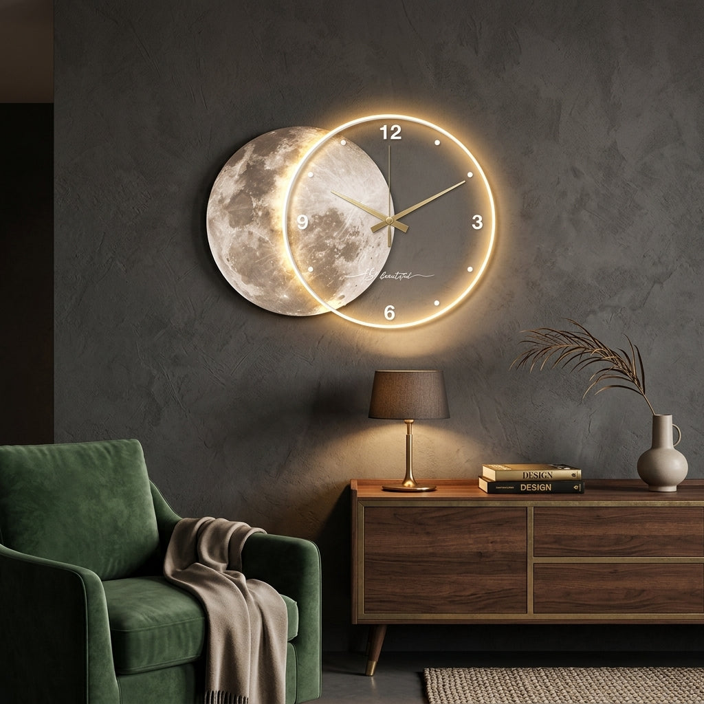 Grande Horloge Murale Lune Lumineuse LED