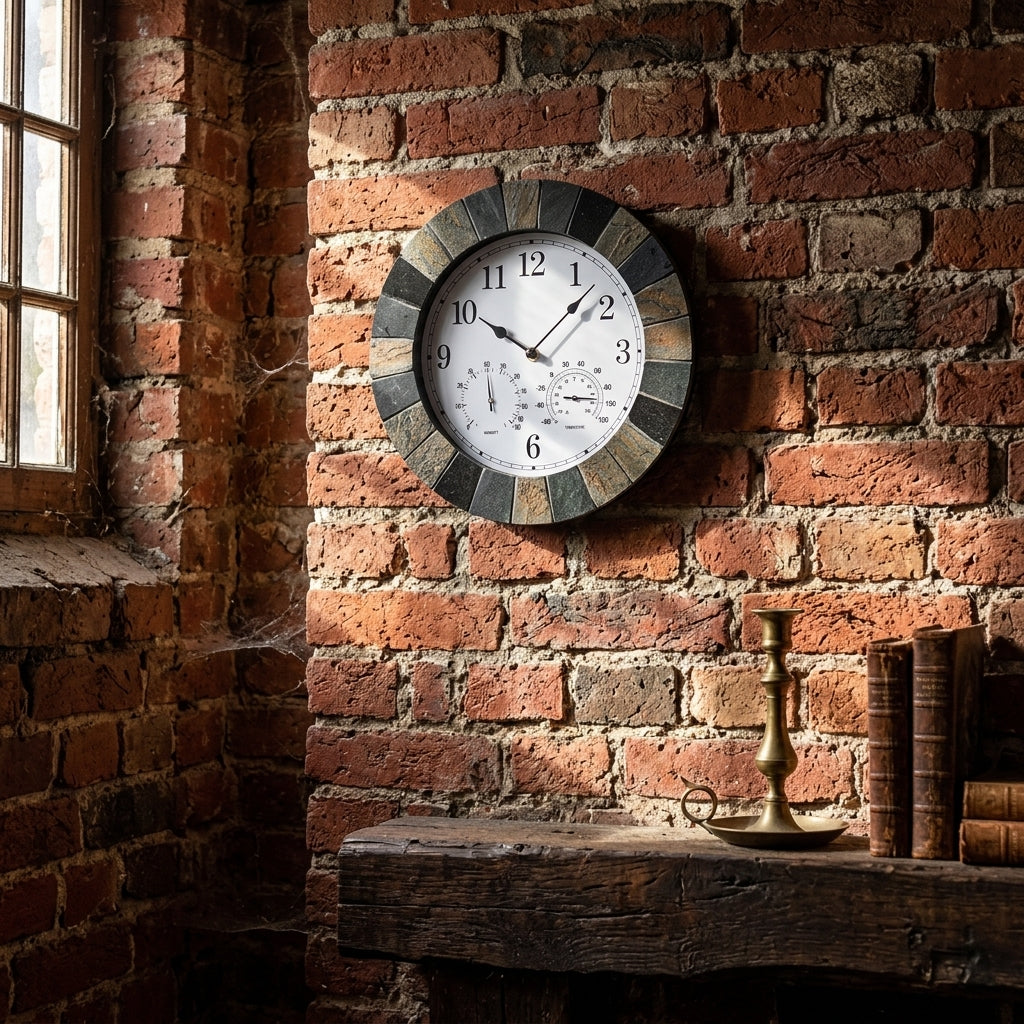 Horloge Murale Extérieure et Intérieure Effet Ardoise Rustique 35.5 cm