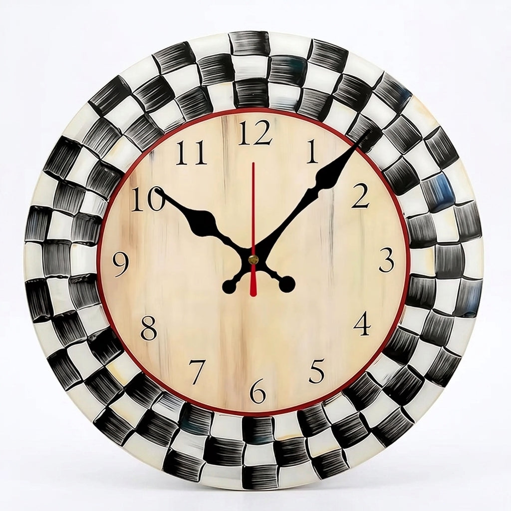 Horloge murale ronde silencieuse en bois à grille noire et blanche
