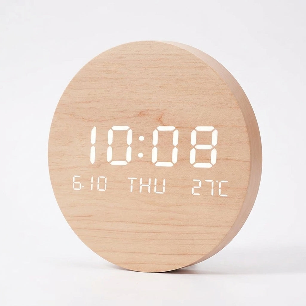 Horloge Murale Digitale Moderne en Bois LED avec Température
