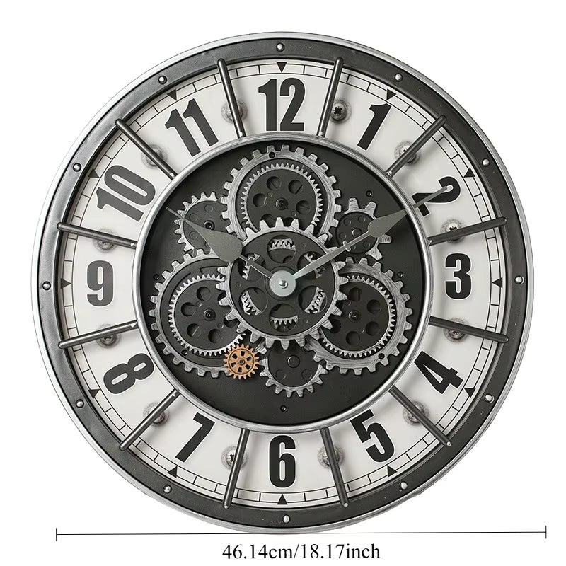Grande Horloge Murale Rétro avec Engrenages Mobiles Silencieux