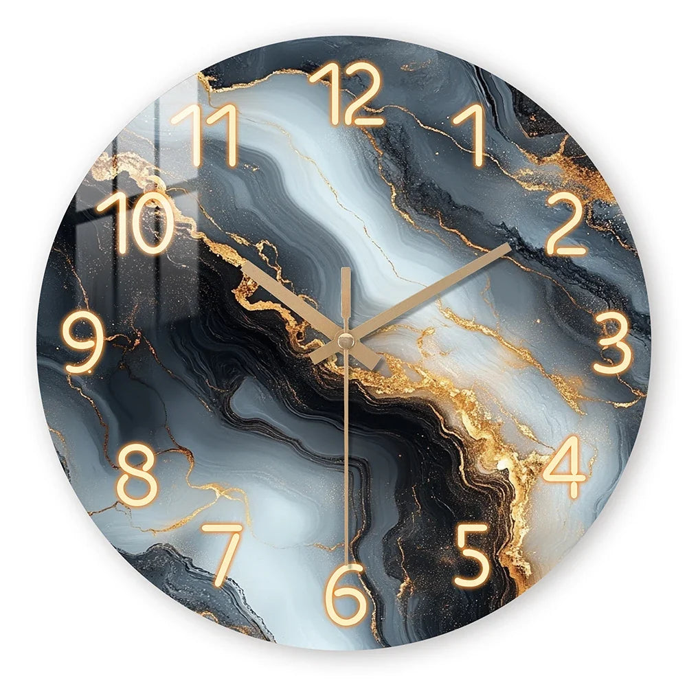 Horloge Murale Ronde Effet Marbre Bleu et Or en Bois Silencieuse