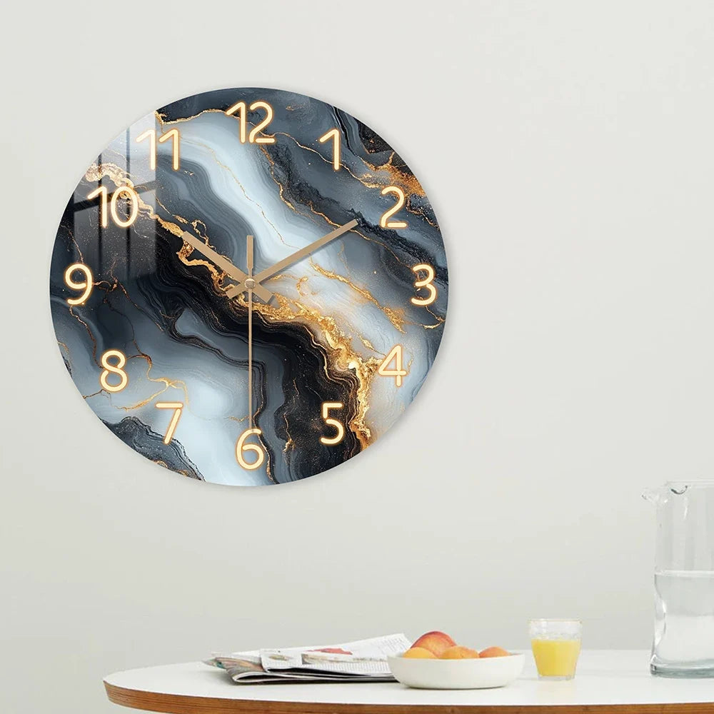 Horloge Murale Ronde Effet Marbre Bleu et Or en Bois Silencieuse
