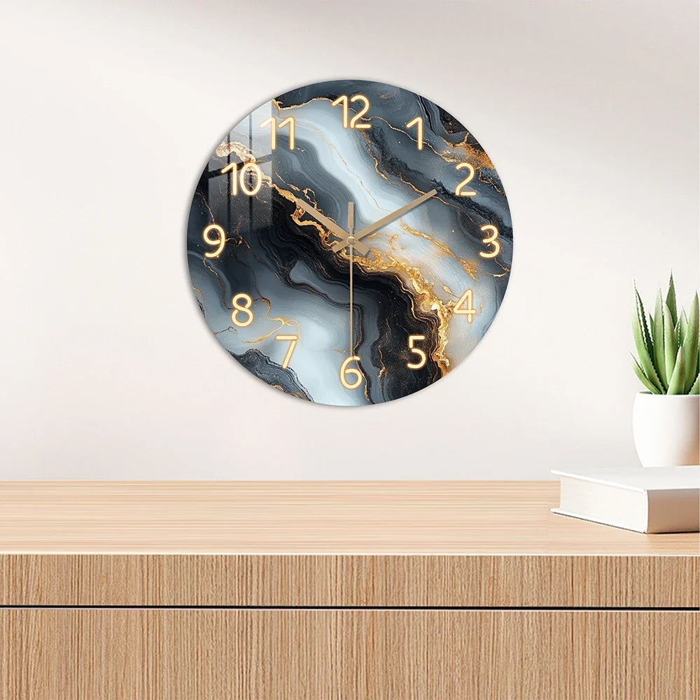 Horloge Murale Ronde Effet Marbre Bleu et Or en Bois Silencieuse