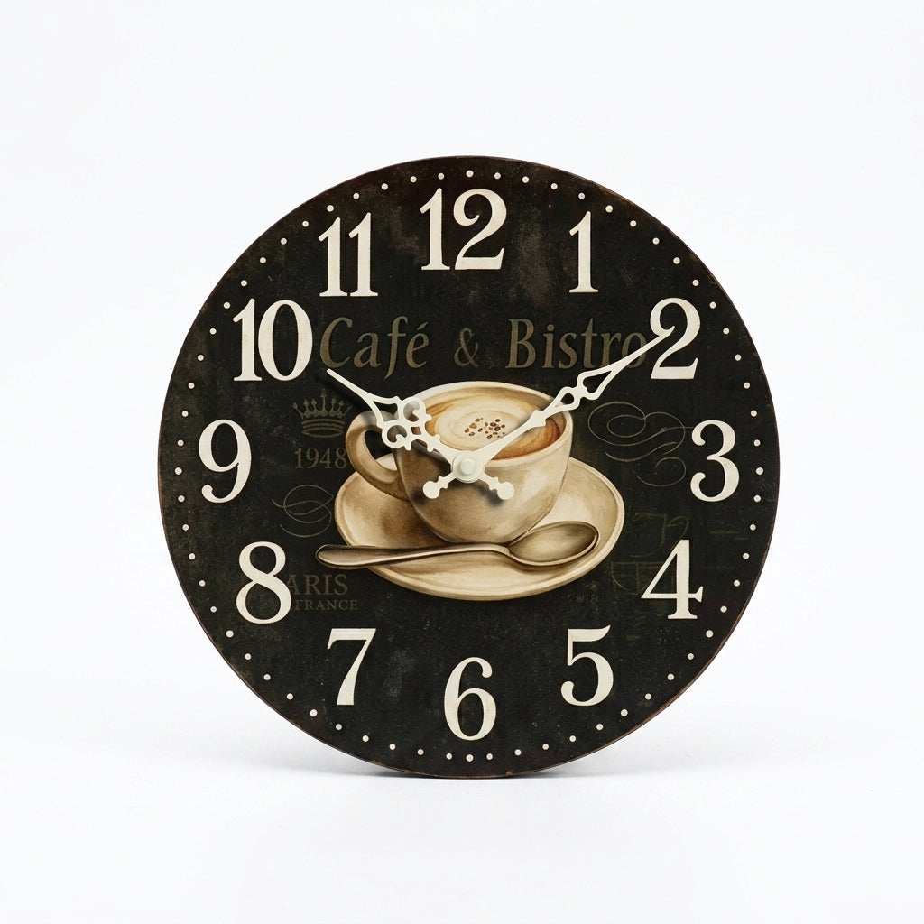Horloge Murale de Cuisine Ronde en Bois Motif Café