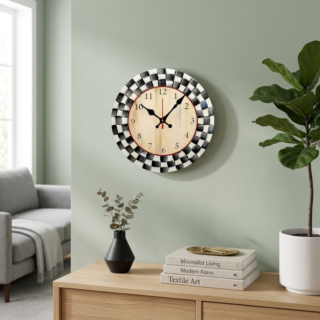 Horloge murale ronde silencieuse en bois à grille noire et blanche