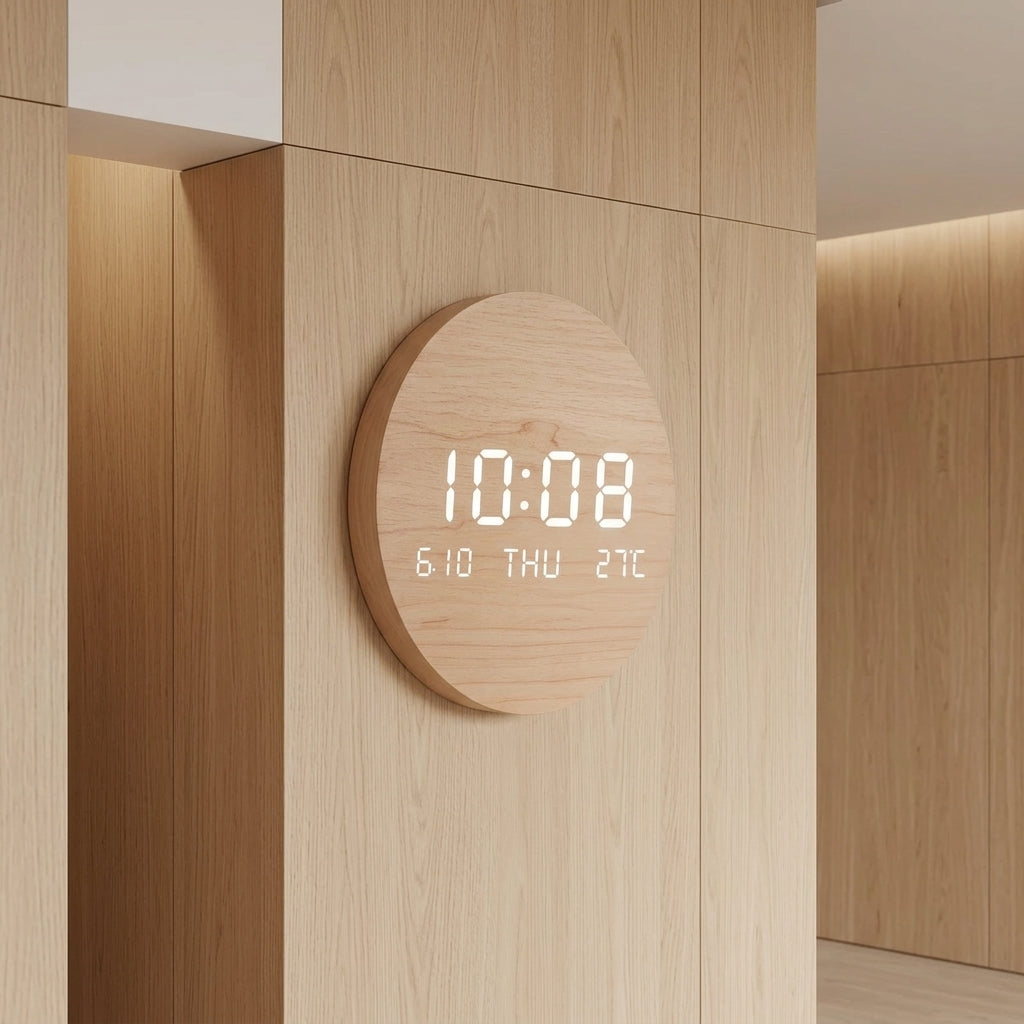 Horloge Murale Digitale Moderne en Bois LED avec Température