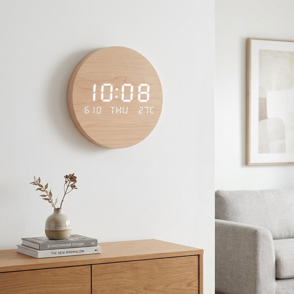 Horloge Murale Digitale Moderne en Bois LED avec Température