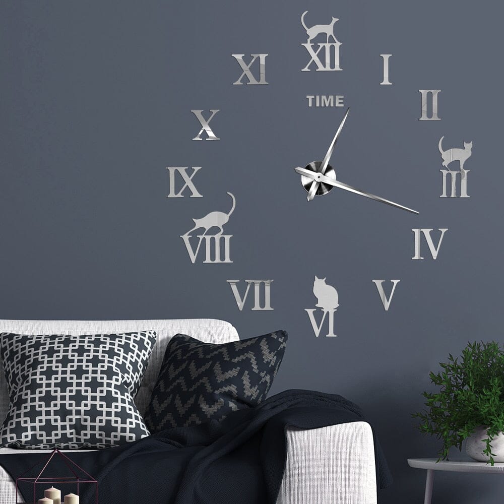 Grande Horloge Murale 3D Chat Effet Miroir Ajustable