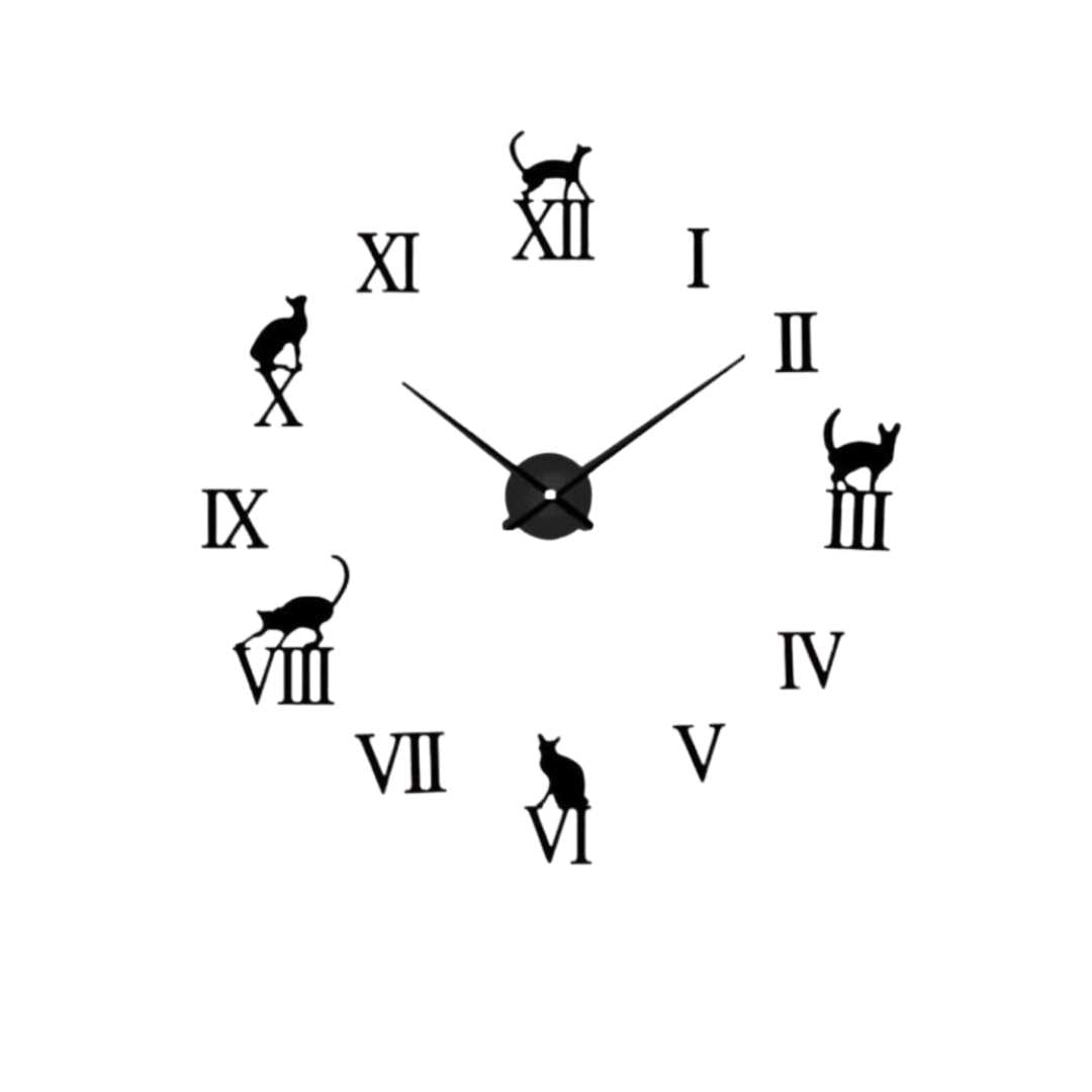 Grande Horloge Murale 3D Chat Effet Miroir Ajustable
